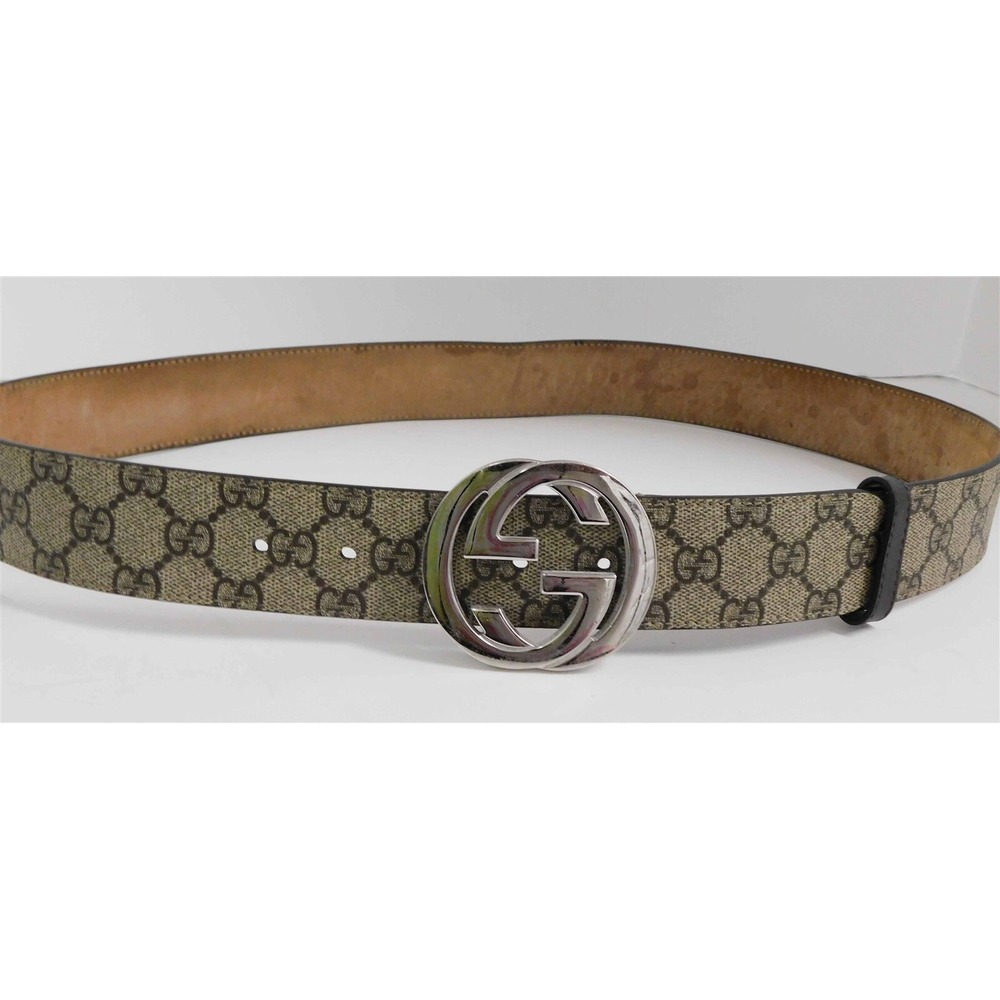 Gucci Silver GG Belt Buckle Brown Monogram Canvas Leather Belt sz 40 euro 100